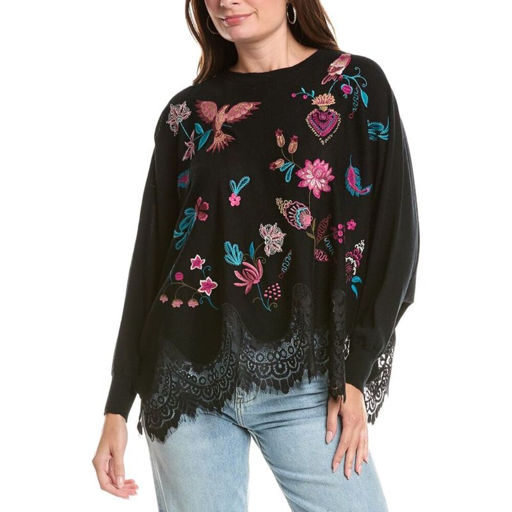 Johnny Was Womens  The Lace Oversized Wool Pullover, Black